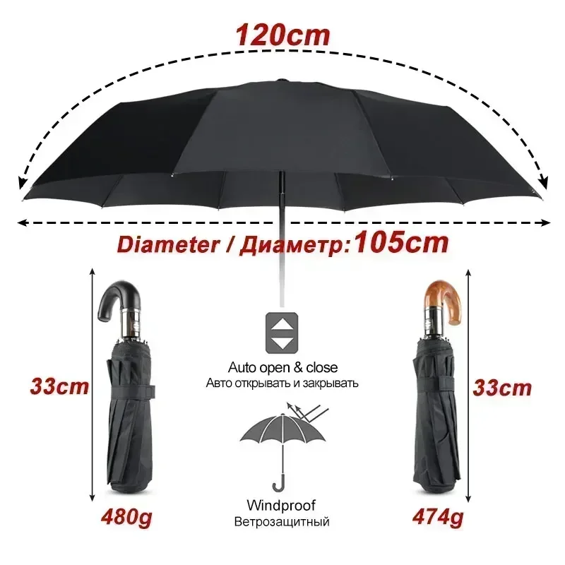 

British Leather Handle Umbrella Men Automatic Business 10Ribs Strong Windproof 3 Folding Big Umbrella Rain Woman Quality Parasol