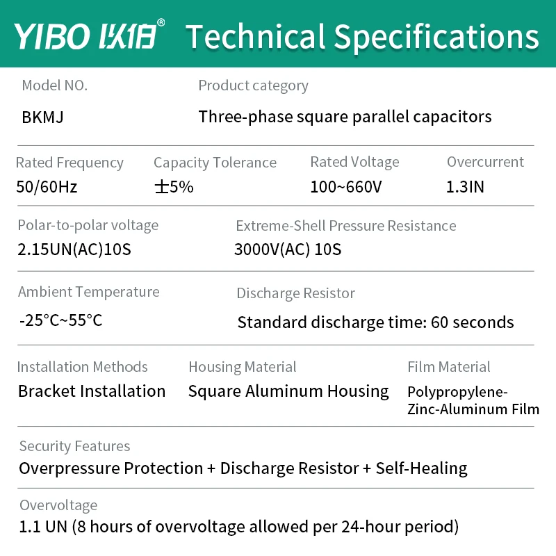 YIBO BKMJ Three Phase Shunt Capacitor Self Healing Low Voltage Film Power Capacitor Reactive Power Compensation