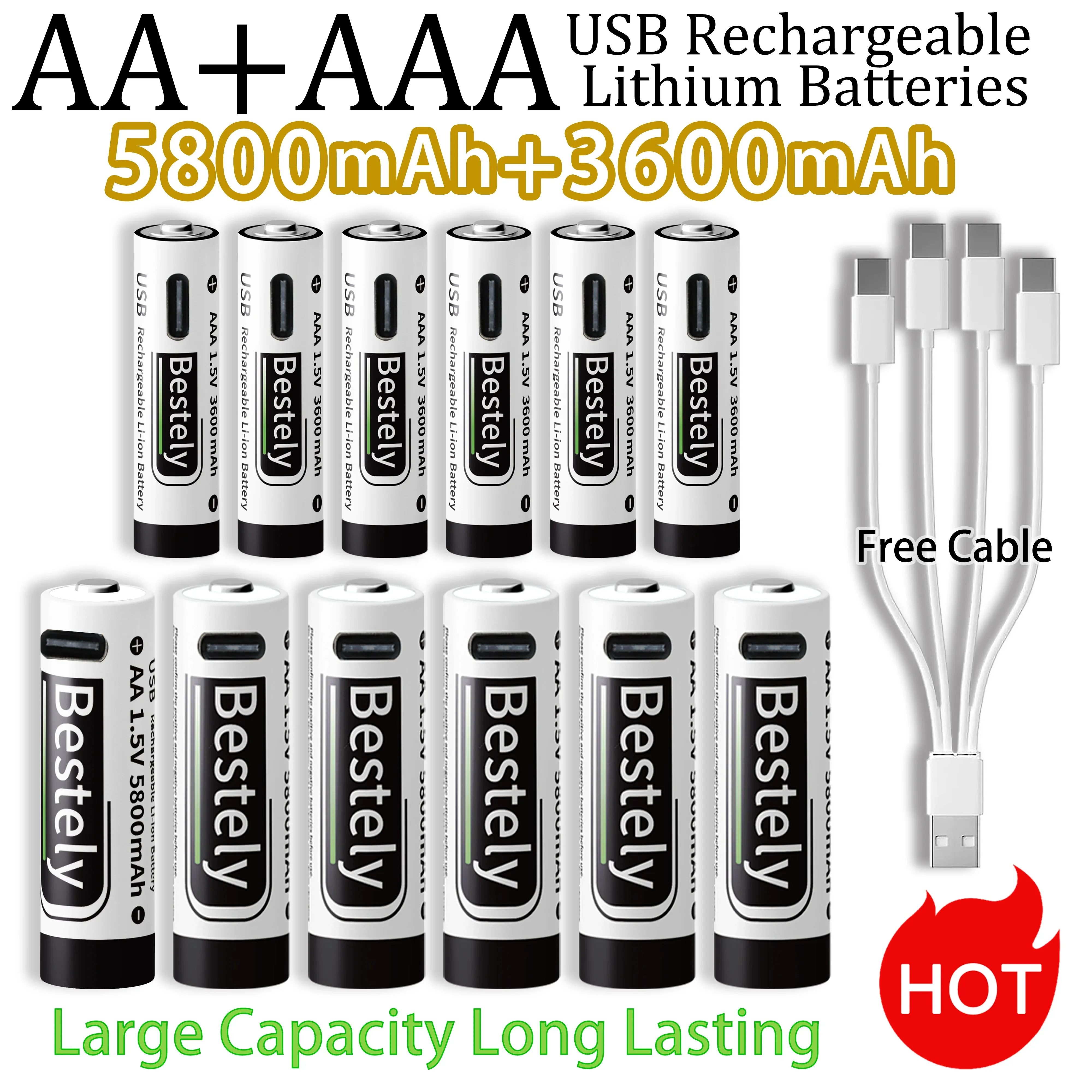 

Новые литий-ионные перезаряжаемые аккумуляторы 1.5V AAA 3600mAh + AA 5800mAh с быстрой зарядкой через USB-C, 2000 циклов зарядки, с бесплатным кабелем.