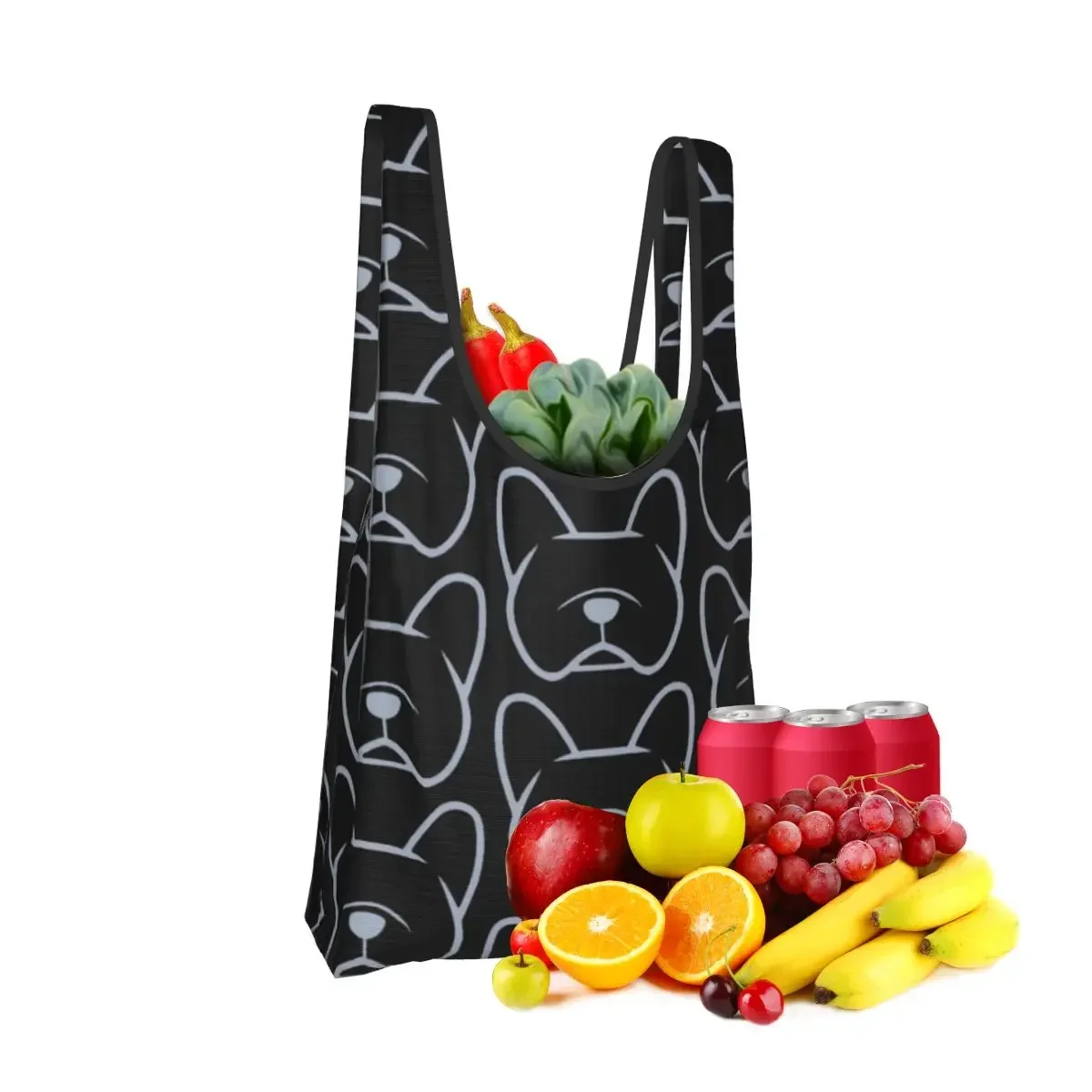 French Bulldog Face Silhouette In Light Gray On Navy Portable Tote Bags Reusable Shoulder Shopper Bag Groceries Handbag