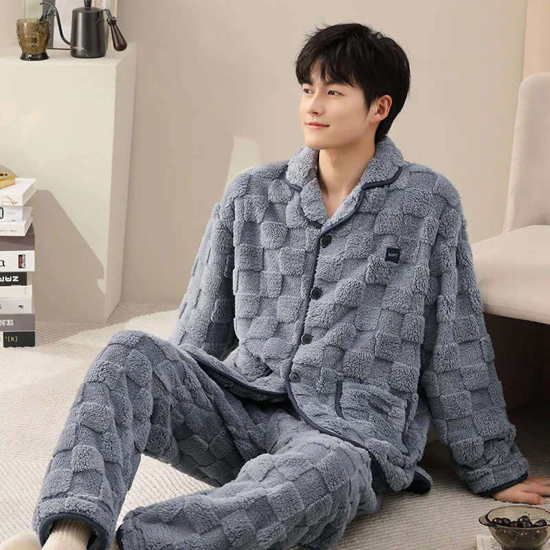 Men's pajamas winter long plush velvet cardigan pyjamas male thick coral fleece home clothing warm suit pijama hombre