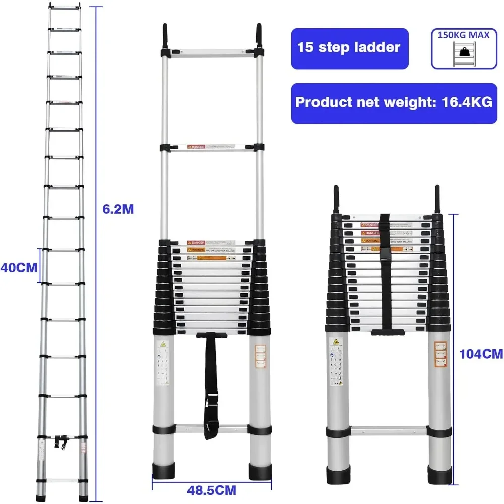 Portable Telescoping Ladder, 20ft/6.2M Aluminum Folding Ladder Expandable Ladder with 2 Detachable Hooks Anti-Slip Rubber