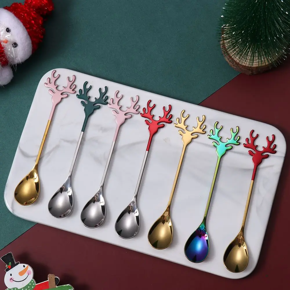 Tableware Christmas Deer Head Stainless Steel Xmas Antlers Christmas Spoons Coffee Scoops Tea Scoop