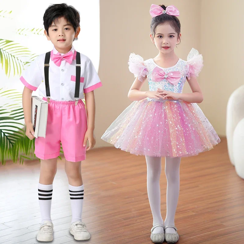 Girls modern dance children's costume Pompadour dress Gauze dress Young girls Princess dress bow sequin dance