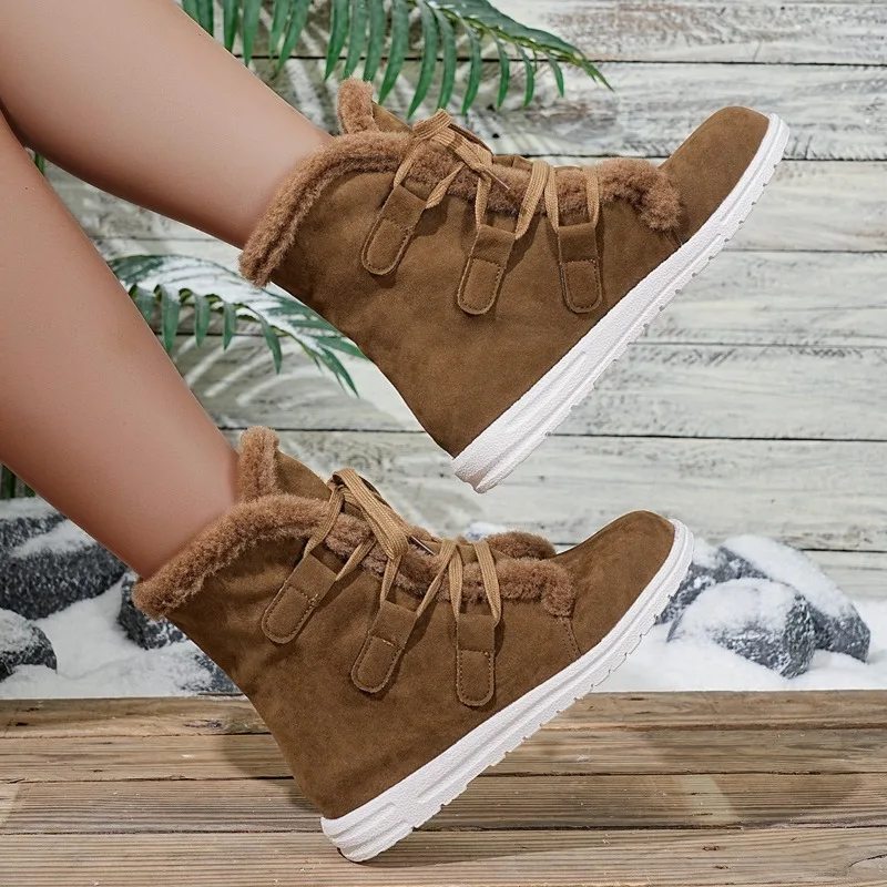 Winter Snow Boots Women's Round Toe Lace-Up Casual Thickened Plus Size Mid-Cone Cotton Shoes
