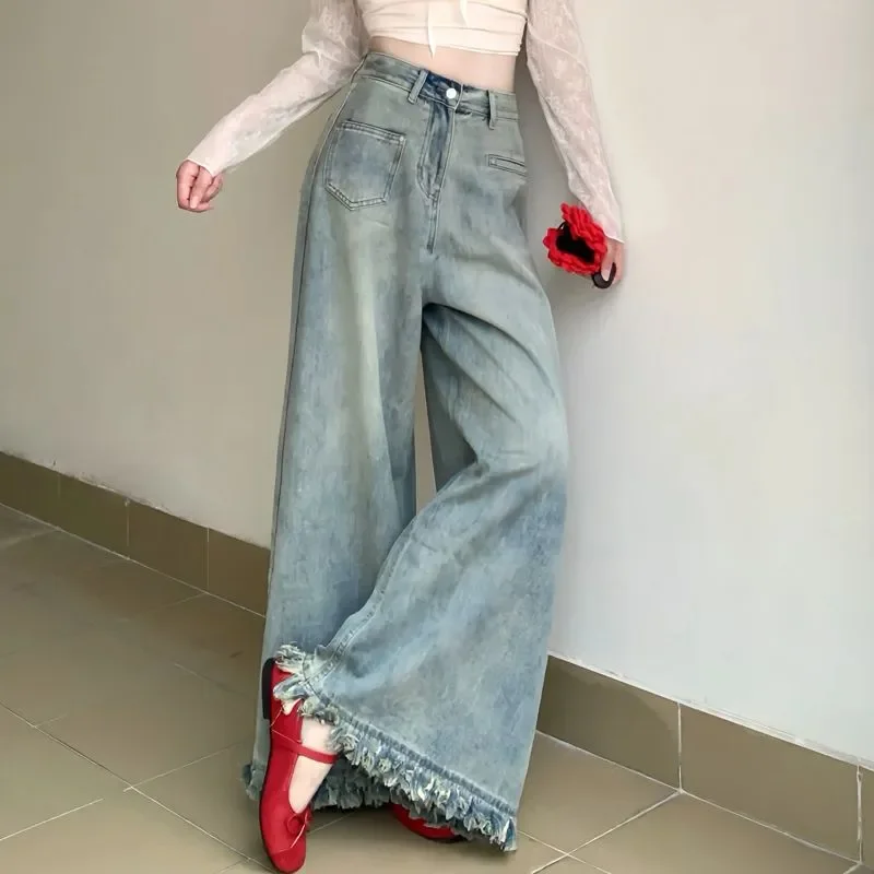 Women Light Wash Raw Fringe Hem Wide Leg Jeans Autumn High Waist Loose Pockets Baggy American Vintage Full Length Denim Pants