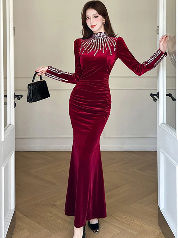 

Women Red Velvet Chic Diamonds Long Sleleve Dress Autumn Winter Elegant Luxury Gown 2025 Korean Vintage Bodycon Festival Dresses