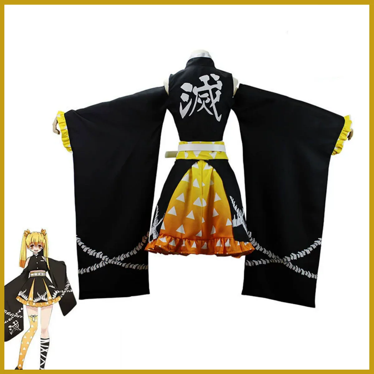 Anime Agatsuma Zenitsu Cosplay Costume Sexy Off Shoulder Black Dress Lolita Skirt Wig Man Woman Kawaii Halloween Party Suit view 5