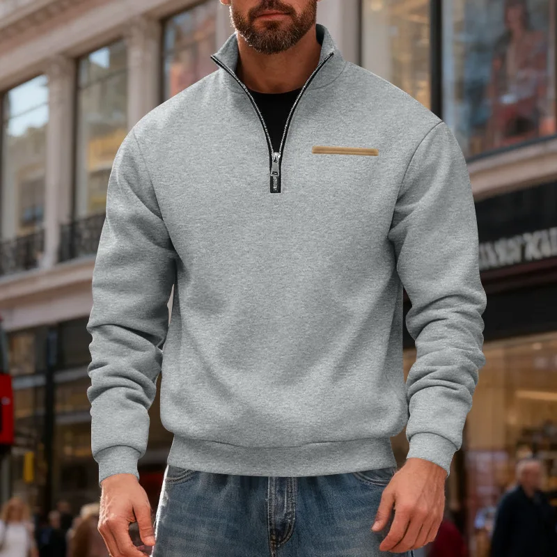 Maglione sportivo con striscia di colore a contrasto, colletto rialzato termico da uomo allentato pesante in velluto invernale americano, vendita calda