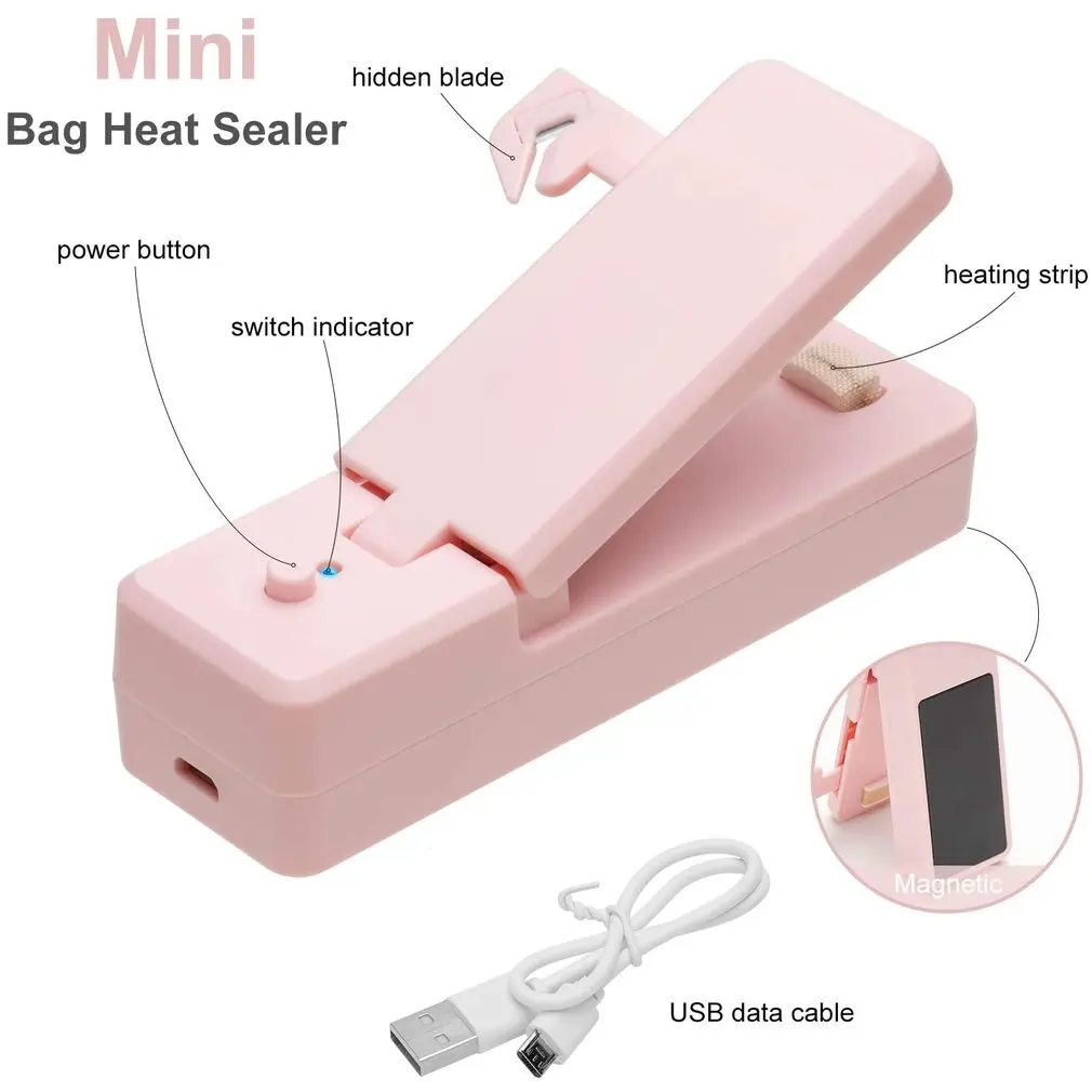 2-in-1 USB Mini Bag Sealer Chargable Heat Sealers Rechargeable Handheld Vacuum Heat Sealers Cutter for Plastic Bag Storage Food