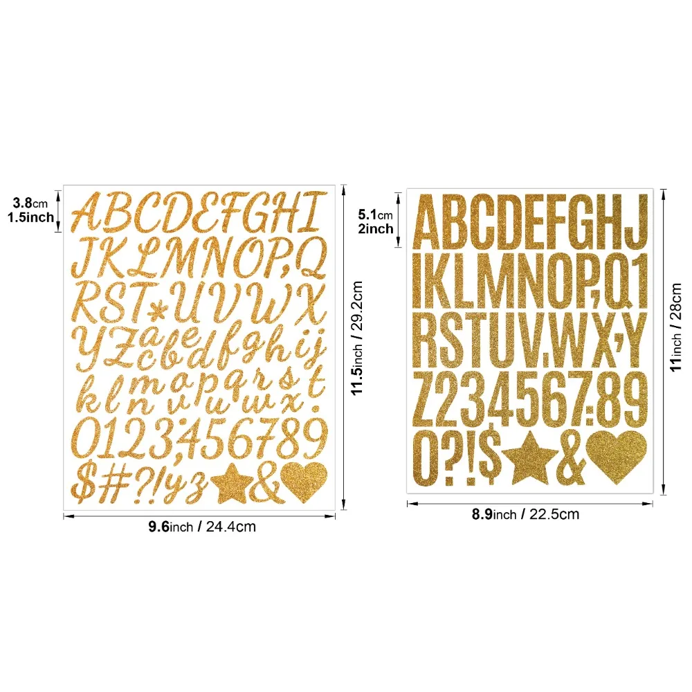 5 Sheets English Letter a-Z Glitter Letter Stickers 2/1.5 Inch Self Adhesive Alphabet Big Letter Stickers Gold Sparkling