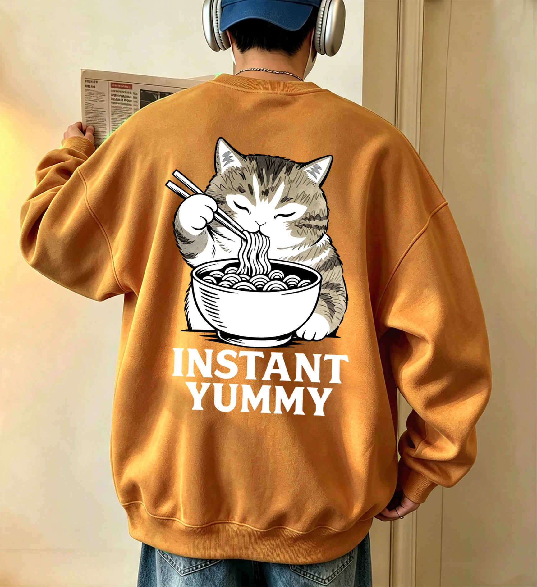 Kittens Eat Delicious Noodles Printed Men Autumn Street Sweatshirts Fleece Crewneck Tops Hip Hop Classic Unisex Streetwear