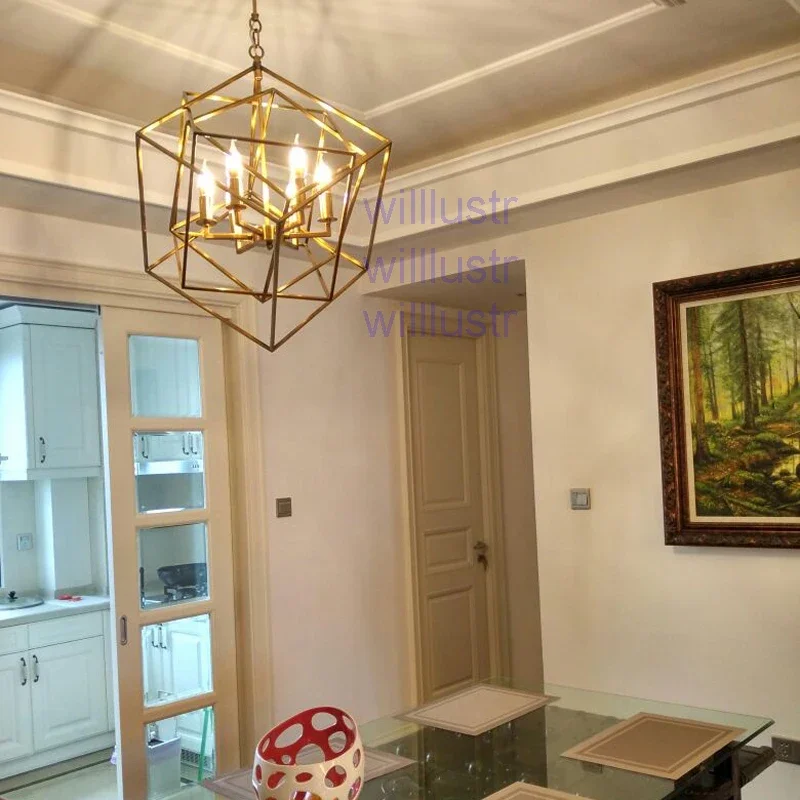 Caged Cubist Pendant Lamp Geometric Hanging Lighting Multifaceted Metal Frame for Loft Bar Suspension Ceiling Chandelier