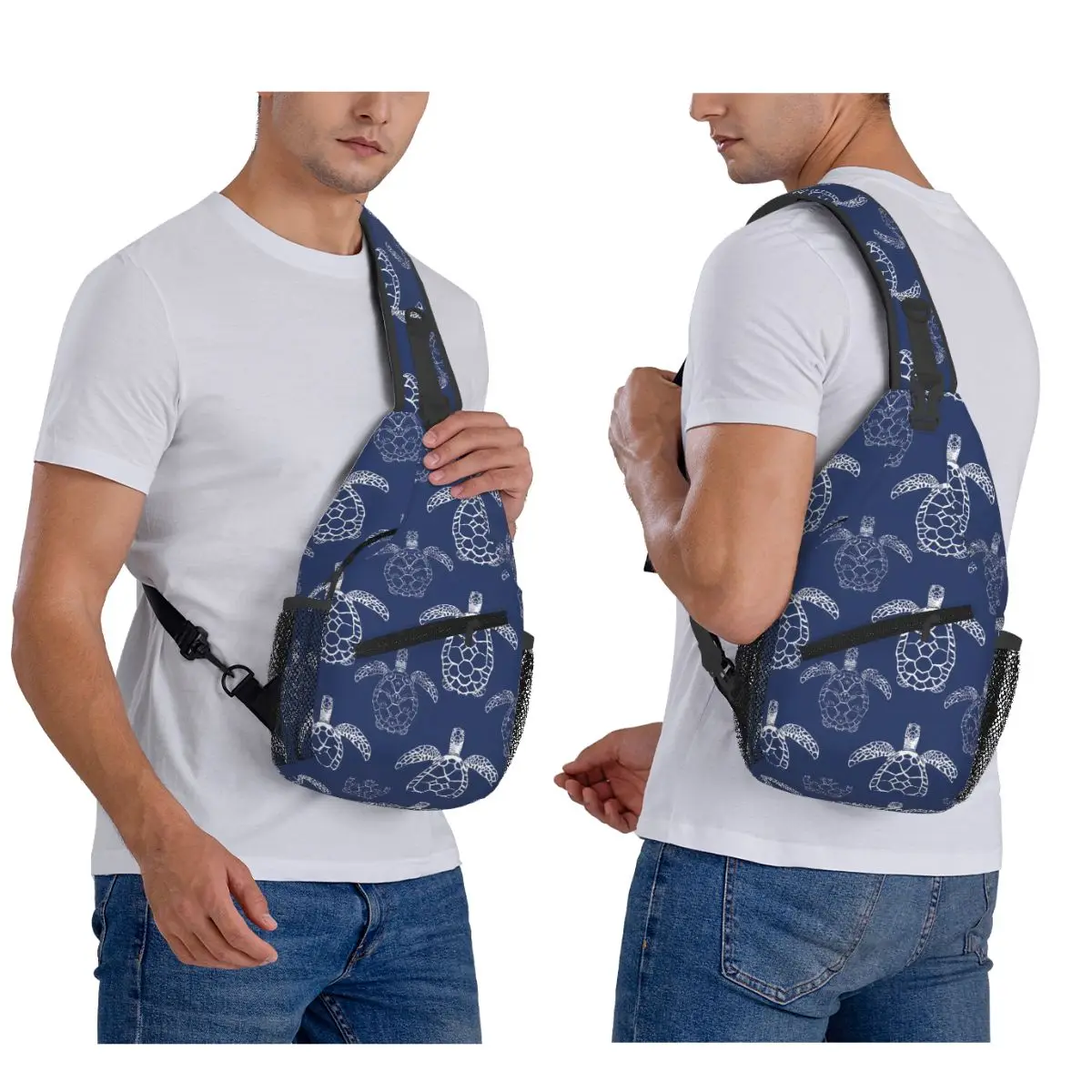 Sea Turtle White Lines Blue Background Chest Bag Men Sling Crossbody Backpack Chest Bag Traveling Hiking Daypack Shoulder Bag