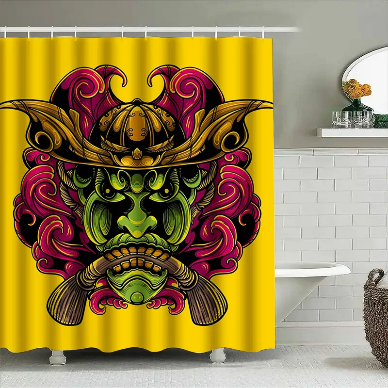 

Tuniu Samurai Warrior Japanese Mask Shower Curtain Room Decor Wall Hanging Art Print Red Pink Decorative Curtain
