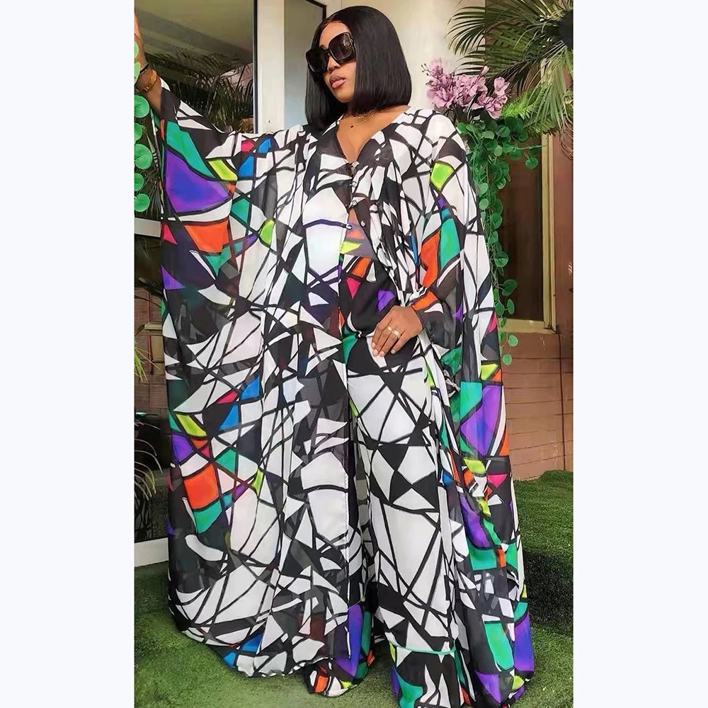 Two Piece Set African Colorful Print Bat Sleeve Dress and Pant Suits Party For Women Outfits 2022 Spring Autumn Matching Set