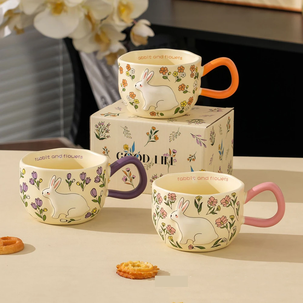 Relief Rabbit Ceramic Mug Floral Pattern Milk Cup Colorful Drinkware Cute Design Embossed Design Teacup For Home Tableware
