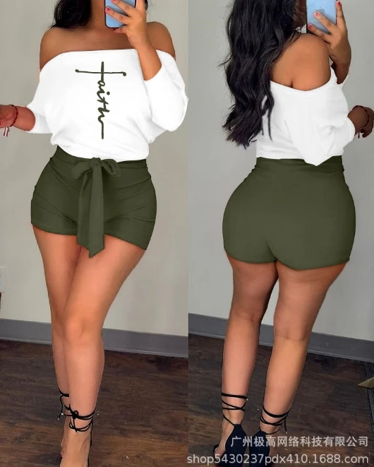 

Summer Fashion Women's Two Piece Set Casual Elegance One Line Neck Letter Printed Short Sleeve Two Piece Set Lace Up Shorts Set