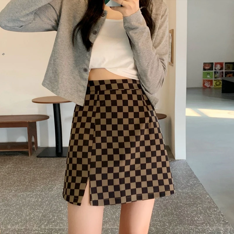 

Женская юбка больших размеров в клетку с высокой талией, А-силуэт, весенняя, с защитой от просвечивания, короткая, в корейском стиле, для повседневной носки, с узором