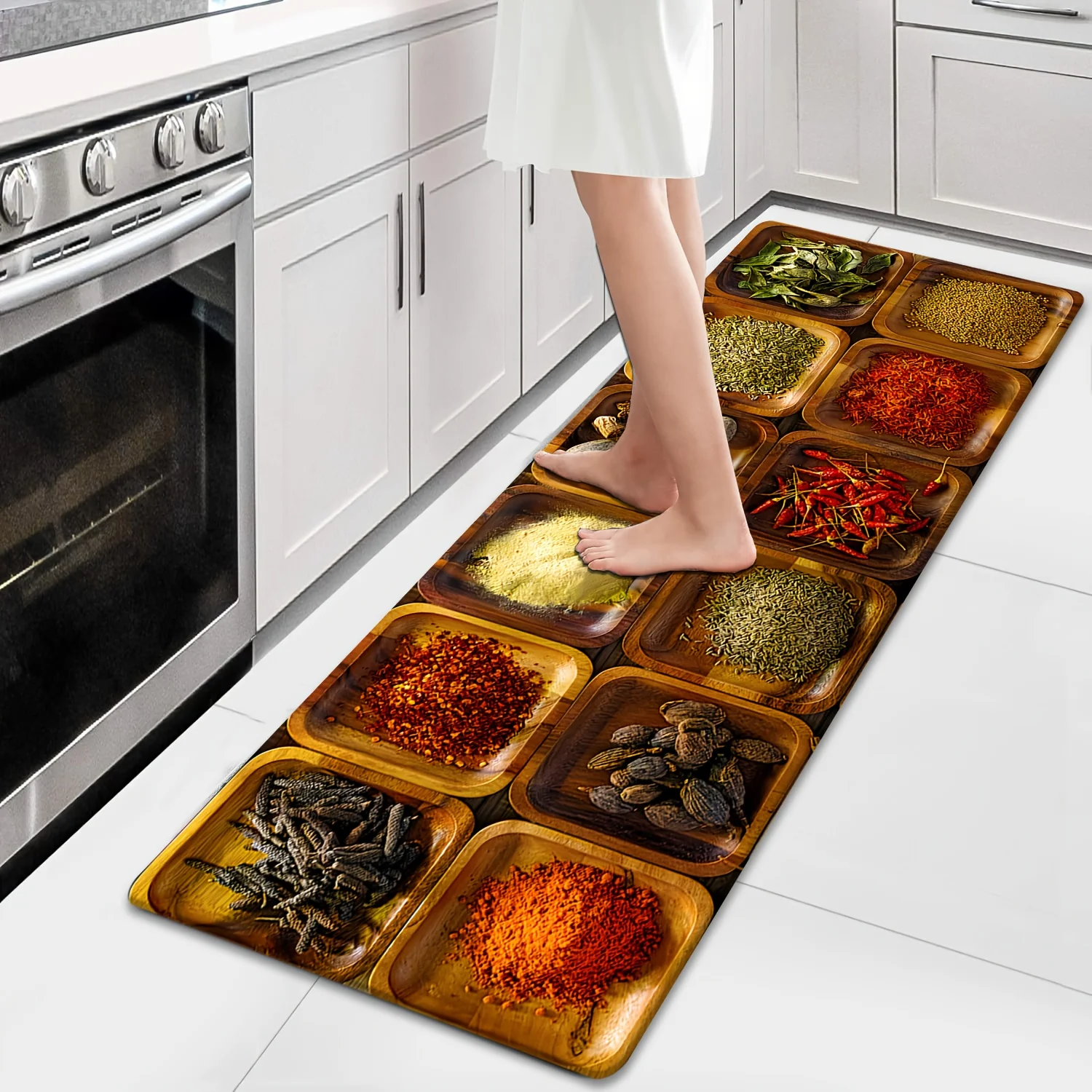 Vintage Wood Plate Various Seasoning Herb Chili Spice Floor Runner Rug, washable mat for kitchen entry oil resistant daily home