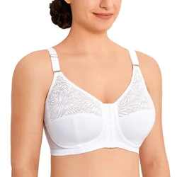 Women's Floral Lace Full Figure Wire Free Non-padded X-shape Back Support Posture Front Closure Bra