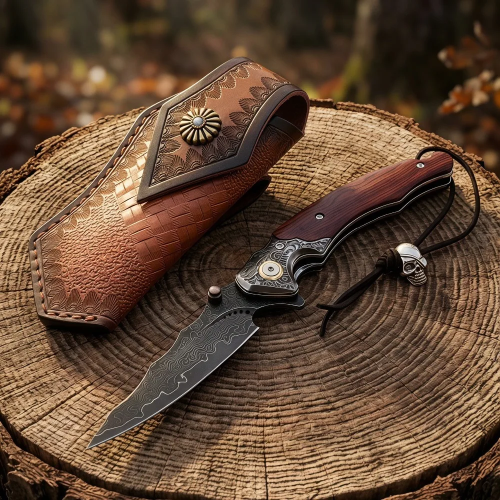 Portable EDC Folding Pocket Knife Damascus Steel Blade Wooden Handle Skull Ornament Multi-purpose Cutting Gift Knife