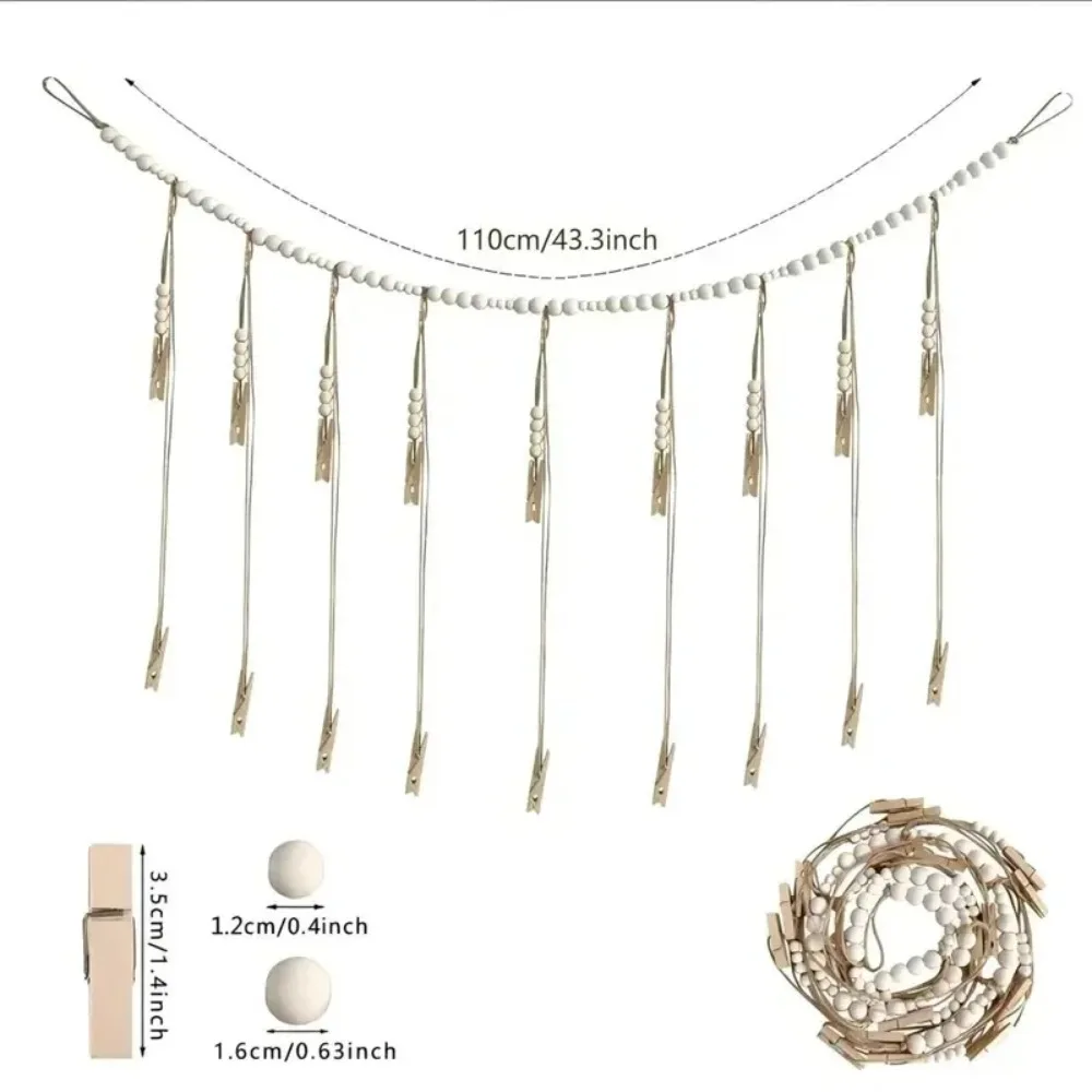 1PC 110cm Wooden bead string hanging photo display Ma Shengliu Su Mu clip photo storage decoration