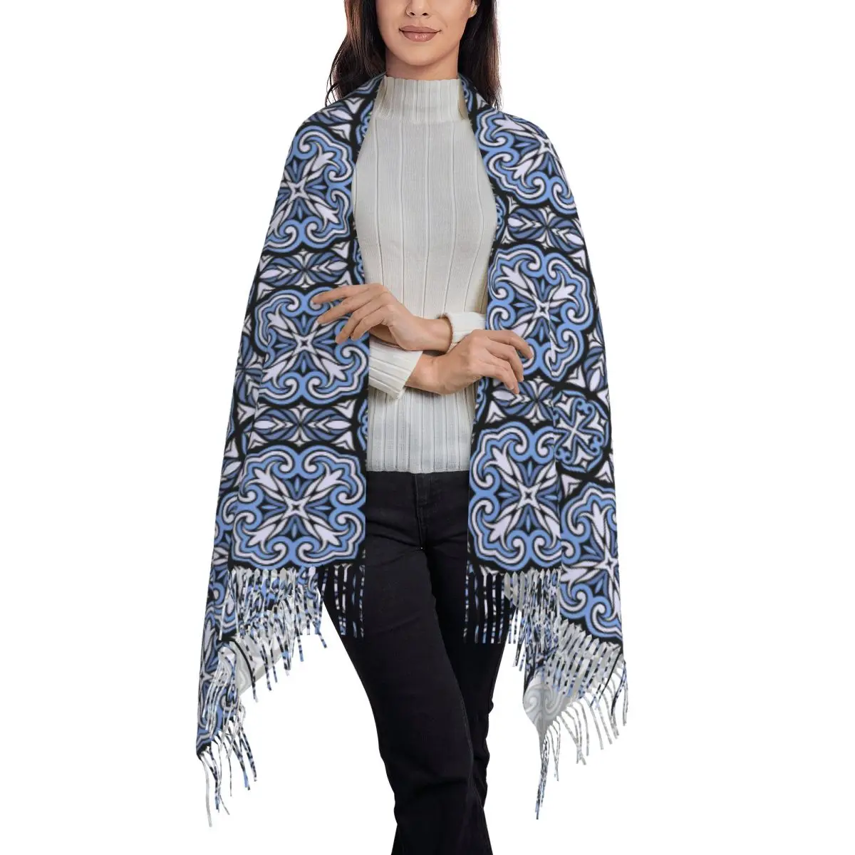 Art Deco Tile Texture Scarf Wrap Women Long Winter Warm Tassel Shawl Unisex Scarves