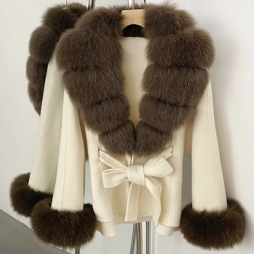 OFTBUY Luxuriöser Echtfuchs-Pelzkragen Wollmantel für Damen Neue Herbst-Winter-Kleidung mit Natürlichem Pelzgürtel 100% Wollmantel für Frauen – Detail 35