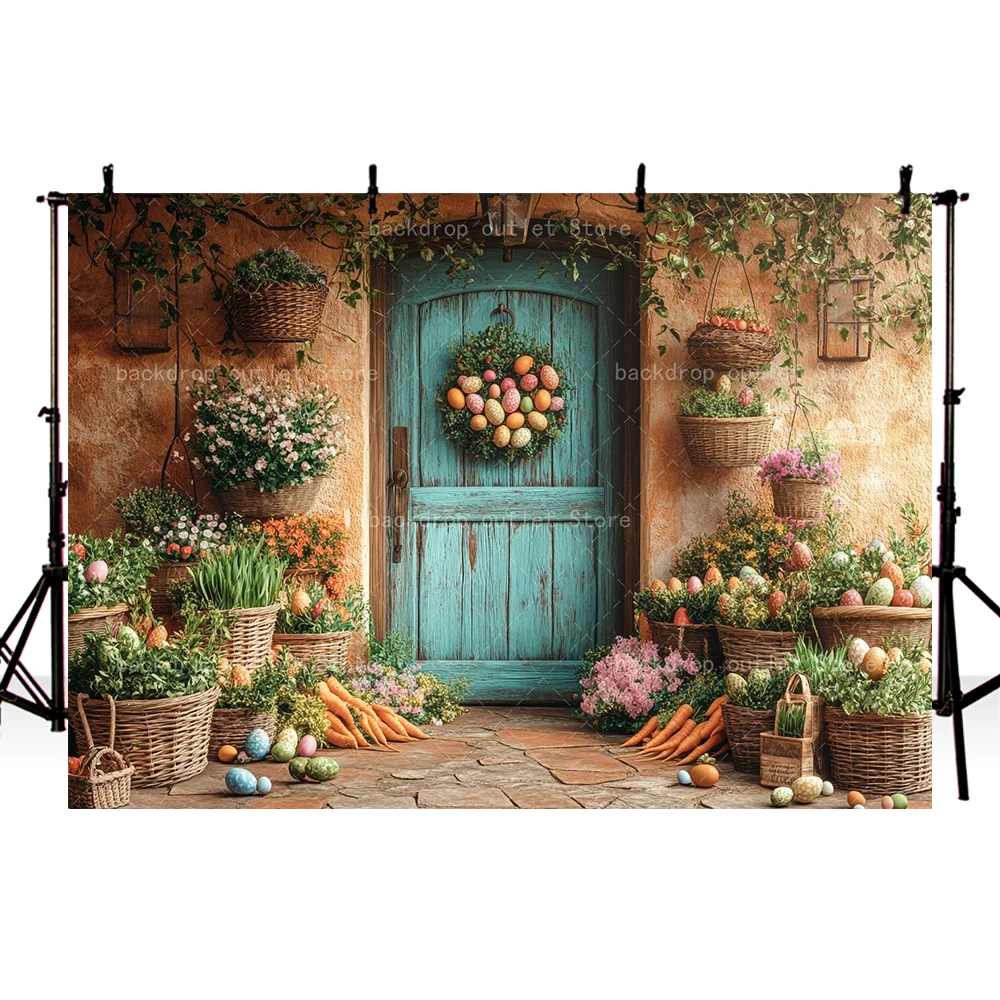 Mehofond Spring Easter Photography Backdrop Vintage Wooden House Door Flower Carrot Eggs Kids Portrait Party Photo Background