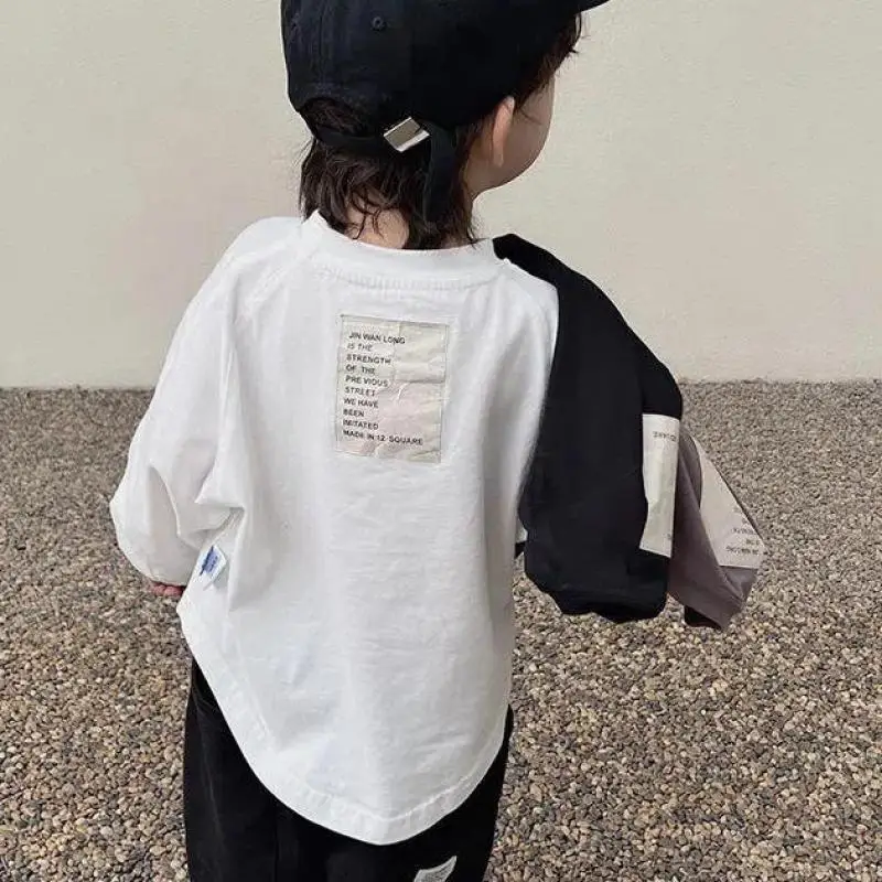 2024 Spring Autumn Fashion Boy Children Patch Letter Long Sleeve T-shirt Loose Girl Baby Bottoming Shirt Solid Kid Cotton Tops