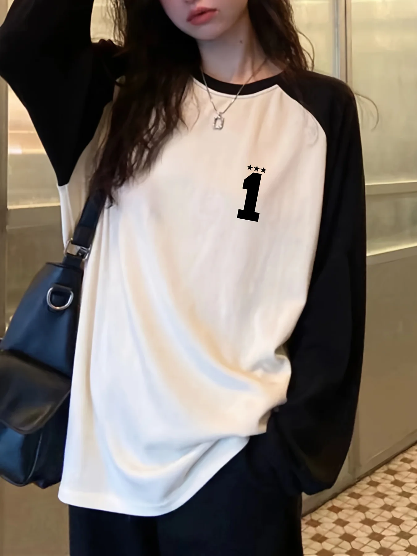 Black Letter Trendy Print Raglan Long Sleeve Tops Women's Casual Vintage Style T Shirt for All Seaons Clothes Outfit Daily Cheap