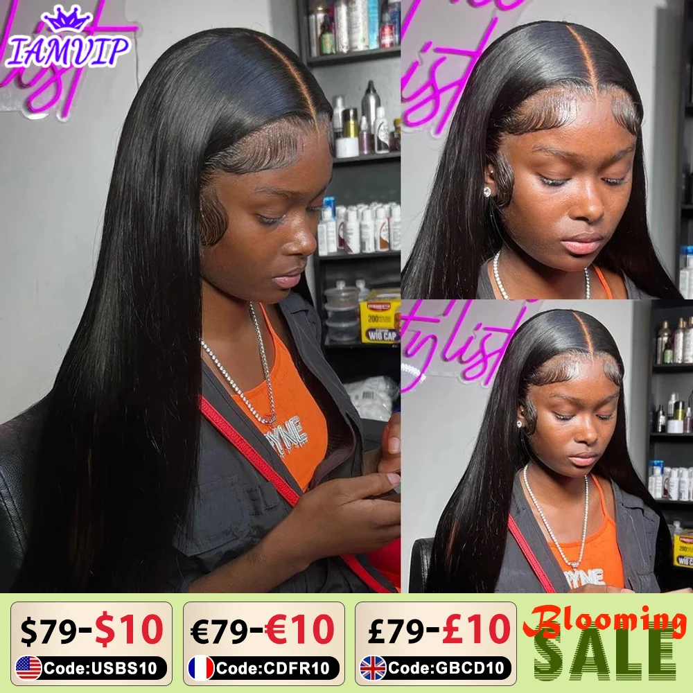 IAMVIP-Peluca de cabello humano liso con malla Frontal Hd, pelo sin pegamento, densidad de 220, 13x6