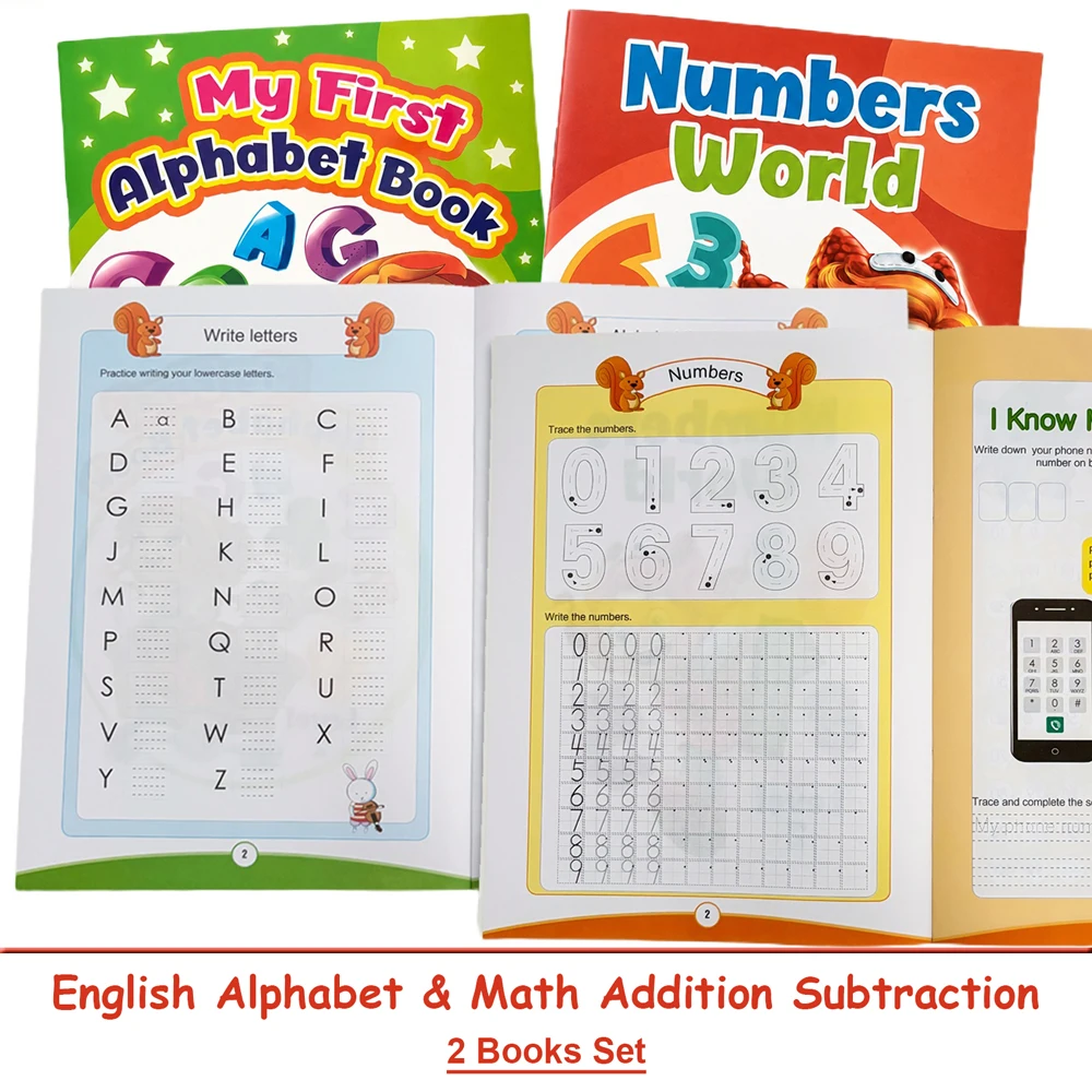 Alphabet & Number Workbook for Kids Homeschool English Vocabulary and Math Addition Subtraction Basic Calculation Practice Book