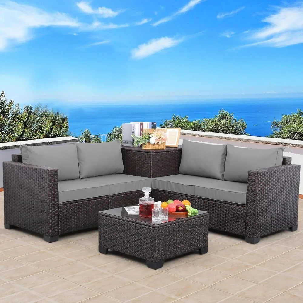 

Outdoor wicker terrace furniture set of 4 pieces, black rattan combination dialogue set, storage box, glass countertop table