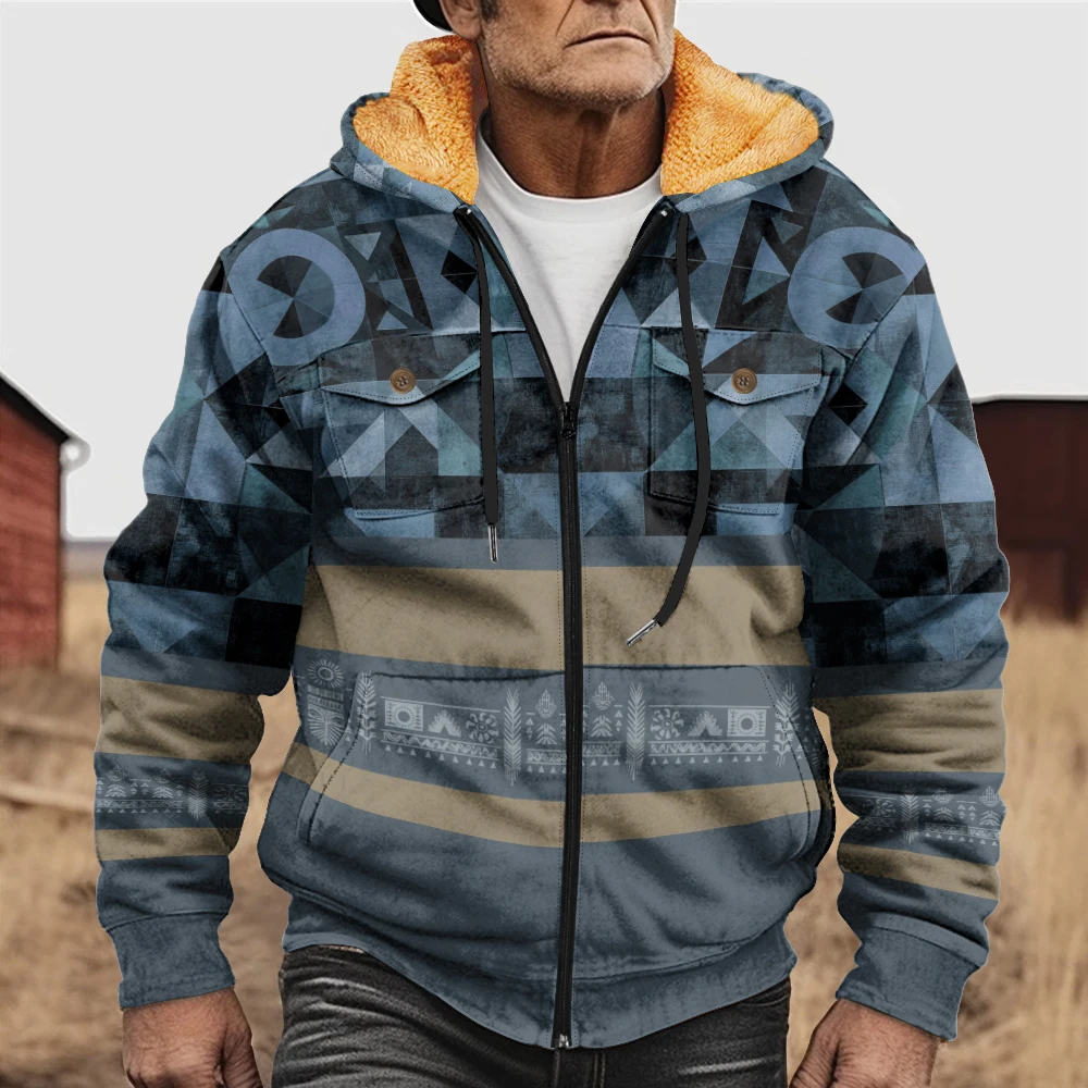 Men's winter jacket, blue graphic printed jacket, high-quality, thick and warm