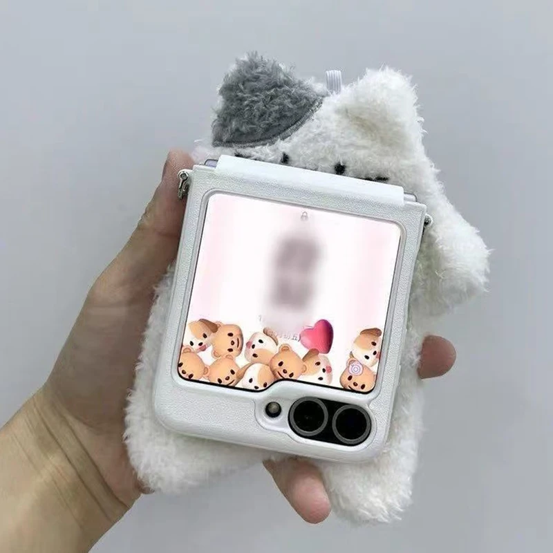 For Samsung Z Flip7 Flip6 Case Cute Plush Strap Phone Case For Samsung Galaxy Z Flip 5 6 7 Xiaomi Mix Flip Cover Luxury Leather