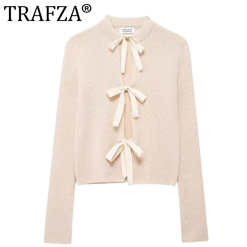 

TRAFZA Spring New Women's Chic Round Neck Long Sleeve Top Fashion Bow Decorated Knitted Cardigan Jacket Women's Textured Top Y2K