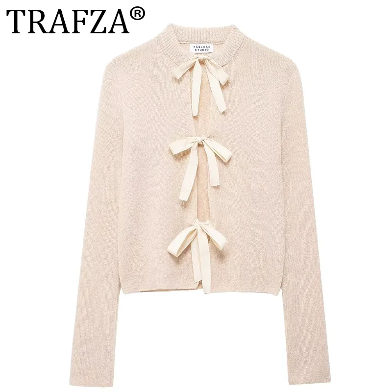 TRAFZA Spring New Women\'s Chic Round Neck Long Sleeve Top Fashion Bow Decorated Knitted Cardigan Jacket Women\'s Textured Top Y2K