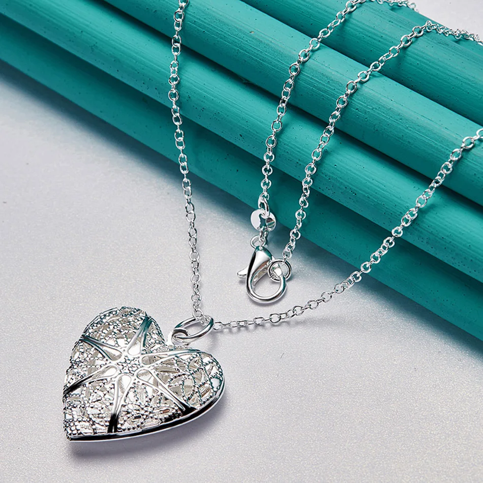 URMYLADY 925 Sterling Silver Heart/Round Photo Frame Necklace Jewelry Set For Women Men Wedding Party Fashion Charm Gift