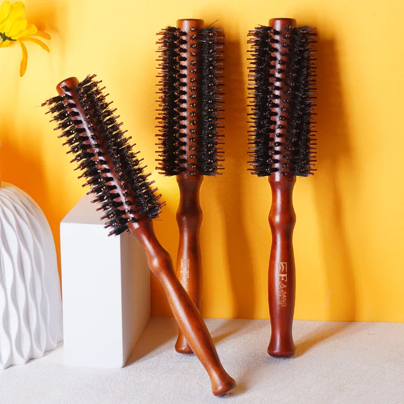 Cepillo rodante redondo de cerdas de jabalí de sarga recta, mango de madera, barril para rizar el cabello, peine para el cabello, herramienta de peluquería