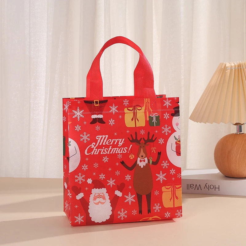 Merry Christmas Gift Bags with Handle High-capacity Foldable Storage Handbag Non Woven Cartoon Print Santa Elk Party Supply TMZ