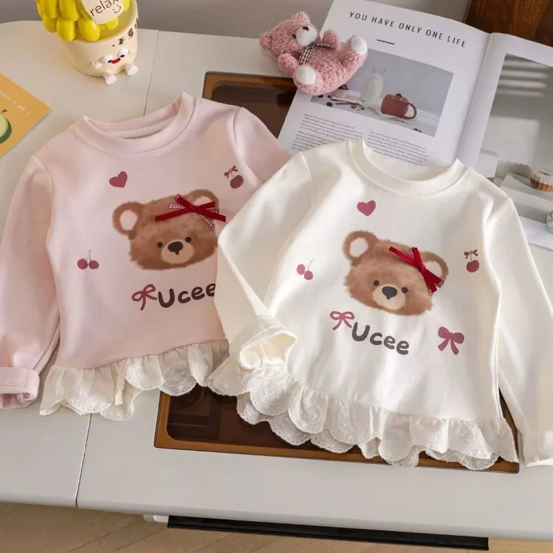 Image of Kinder Mädchen Langarm-Oberteil für den Herbst, 1-8 Jahre, mit Bären-Print, Rundhalsausschnitt und Spitzenbesatz, Baby Mädchen Pullover Top