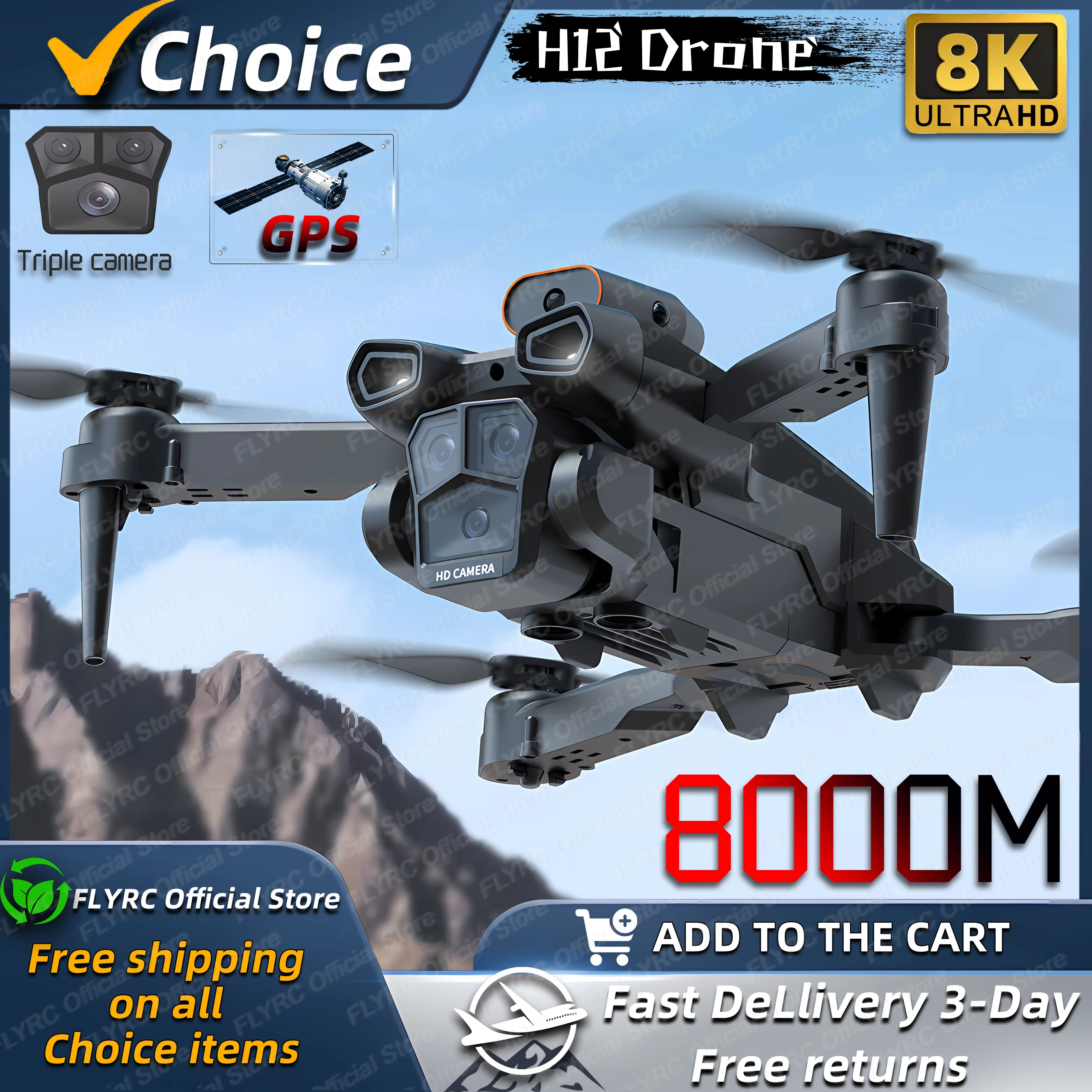 2024 New H12 Mini Drone 8K Professinal Three Camera Wide Angle Optical Flow Localization Four-way Obstacle Avoidance RC 8000M