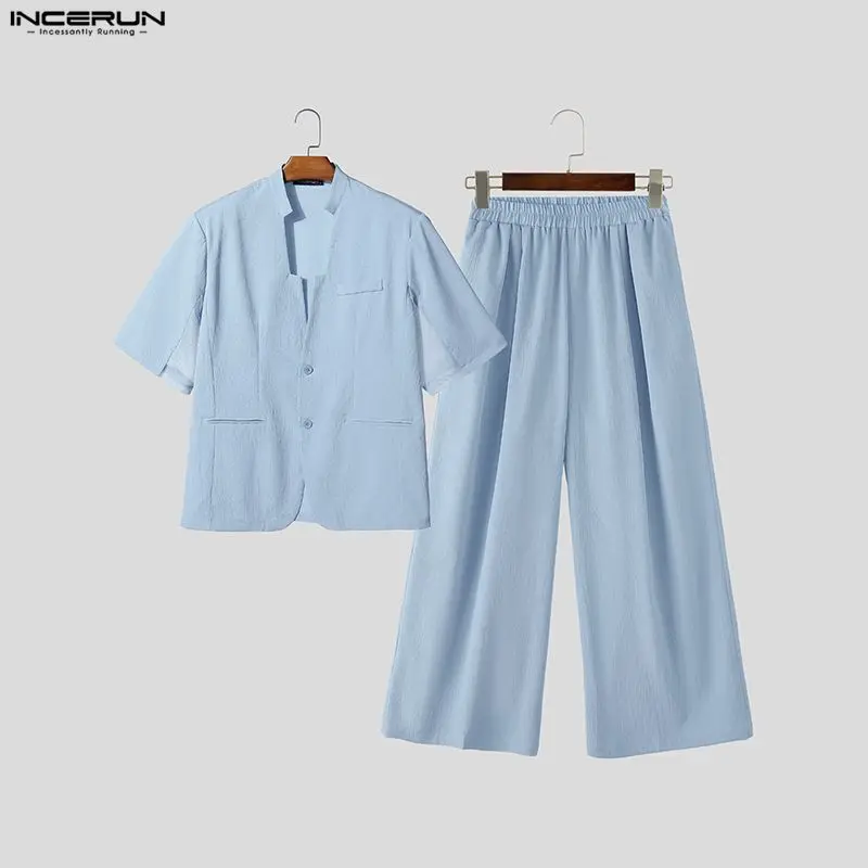 INCERUN Men Sets Solid V Neck Short Sleeve Blazer & Pants 2 Piece Sets Streetwear Men Clothing 2026 Loose Fashion Men Suits view 4