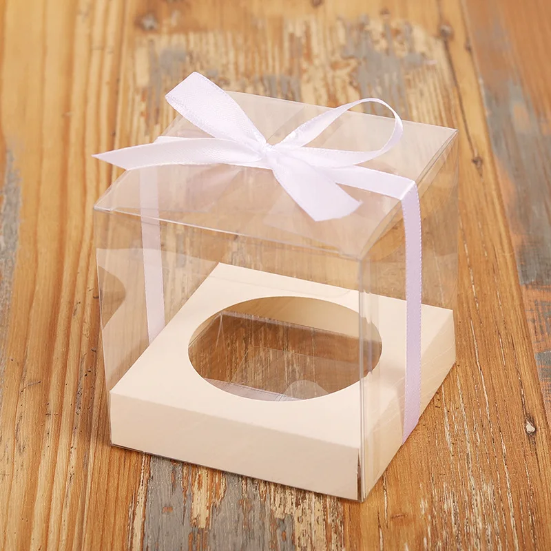 12Pcs Silver Clear Plastic Cupcake Packaging Box Cake Favors Box Container Wedding Party Cupcake Boxes Gift Box Supplies Ribbon