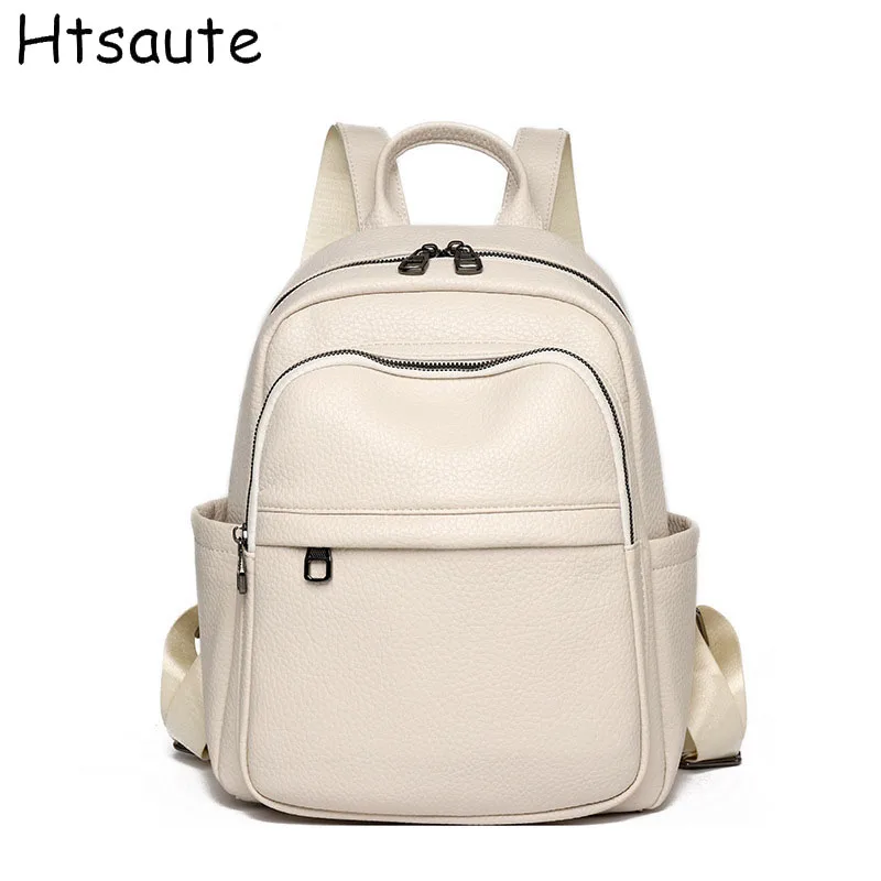 Casual Lady Fashion Backpack Double Pocket PU Leather Small Bag Solid Color Vintage Drawstring Flap Pocket Female Backpacks