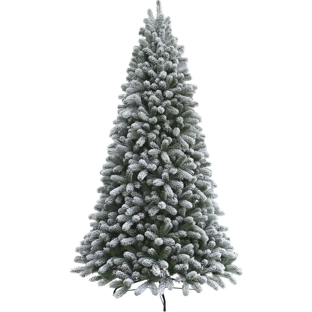 Snow Flocked Artificial Christmas Tree Unlit, King Flock Christmas Tree with Metal Stand, Hinged Xmas Tree for Holiday Home