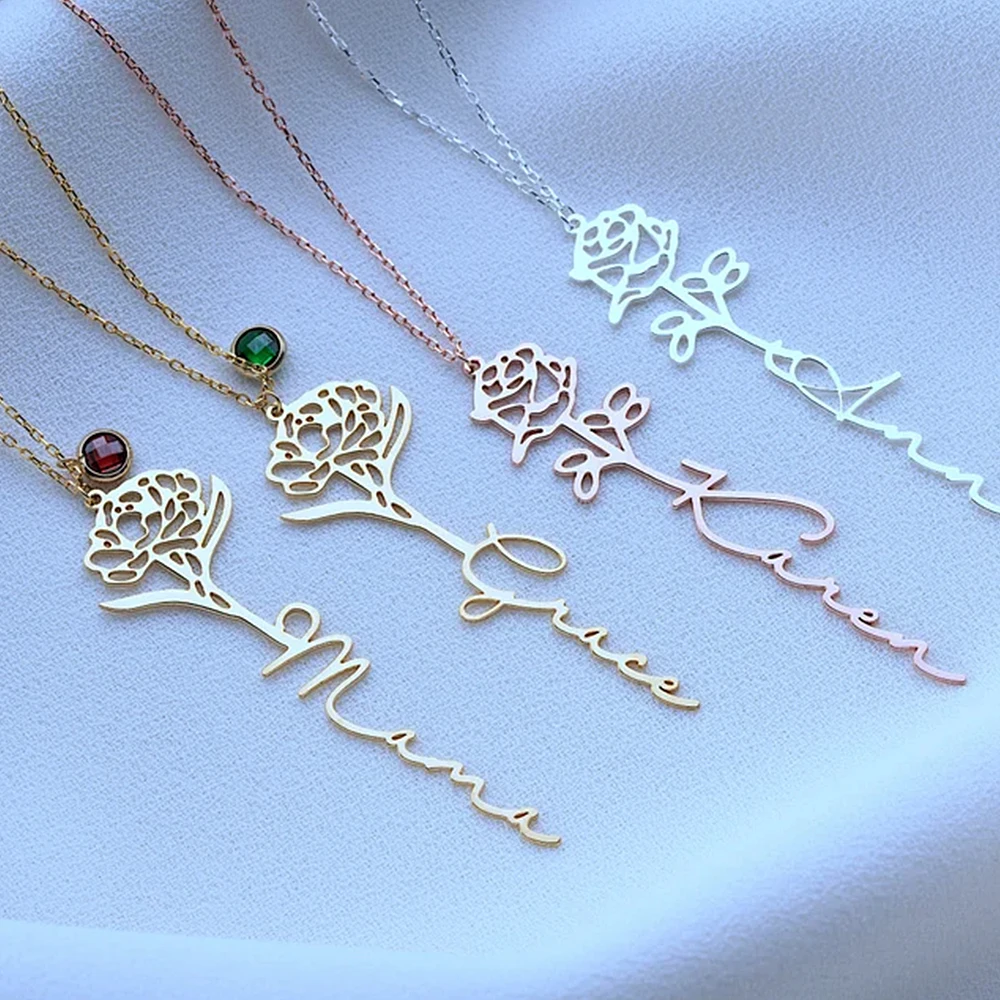 Custom Name Flower Necklace with Birthstone Pendant Necklace for Women Personalized Stainless Steel Jewelry Choker Birthday Gift