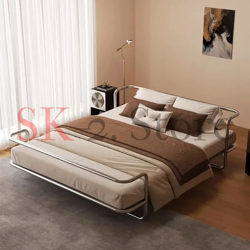 Italian stainless steel, minimalist, suspended double bed, modern metal industrial style, steel tube Bauhaus iron frame bed